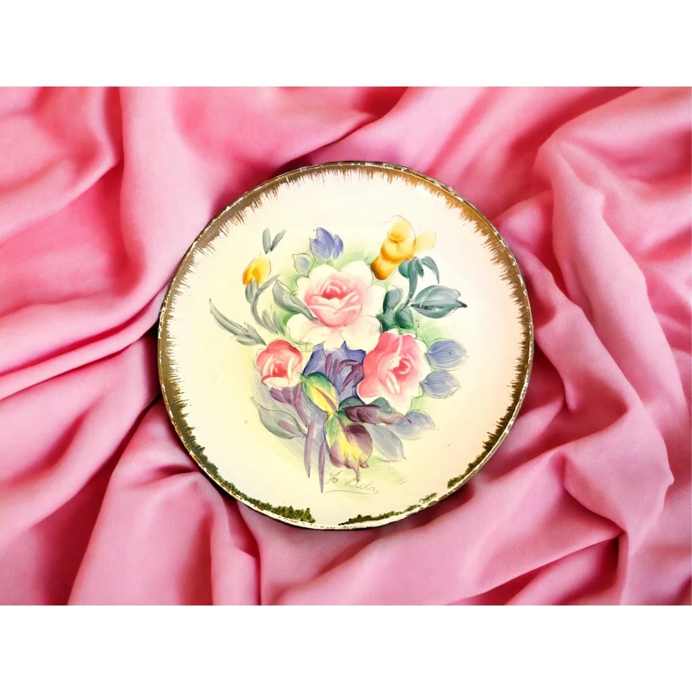 Gold Rimmed Cottagecore Plate Handpainted Rare Vintage Floral Pink & Yellow Gift